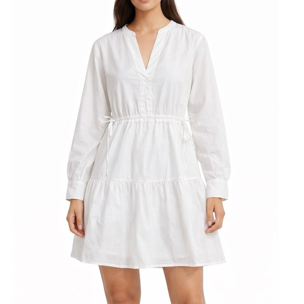 Rails White Cotton Tencel Mini Dress Sz M Long Sleeve Drawstring Waist